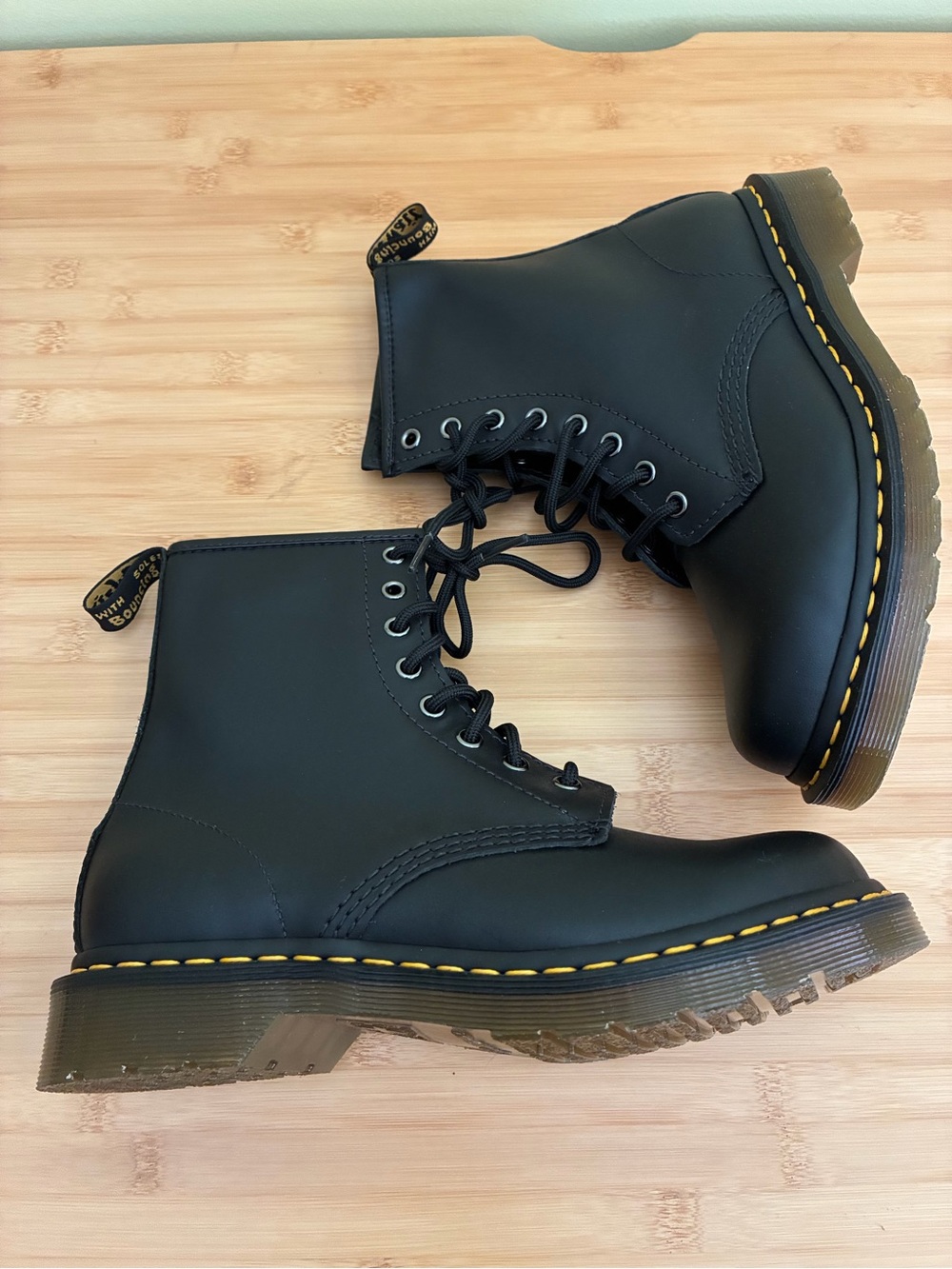 Dr. Martens Black Leather 8-Eye Lace-Up Boots with Yellow Stitching New